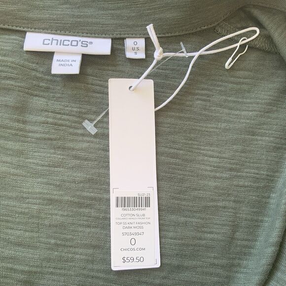 Chico’s Puff Sleeve Slub Cotton Modal Collared Henley Snap Dark Moss Size 0/S - Picture 9 of 10